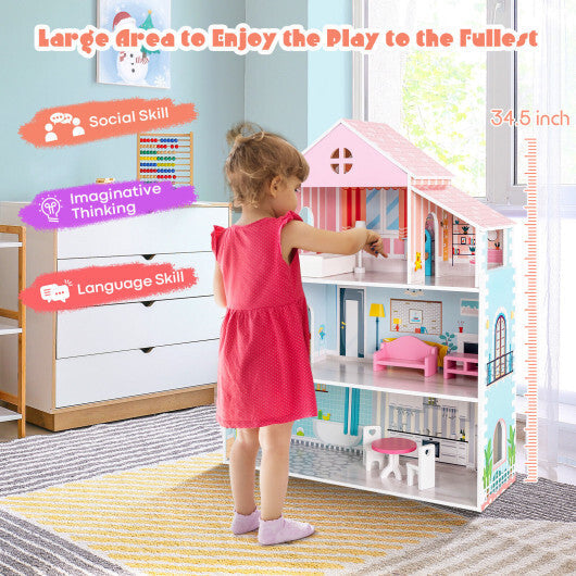 3-Tier Toddler Doll House with Furniture Gift for Age over 3 LuxuryLifeWay Online Store