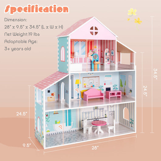 3-Tier Toddler Doll House with Furniture Gift for Age over 3 LuxuryLifeWay Online Store