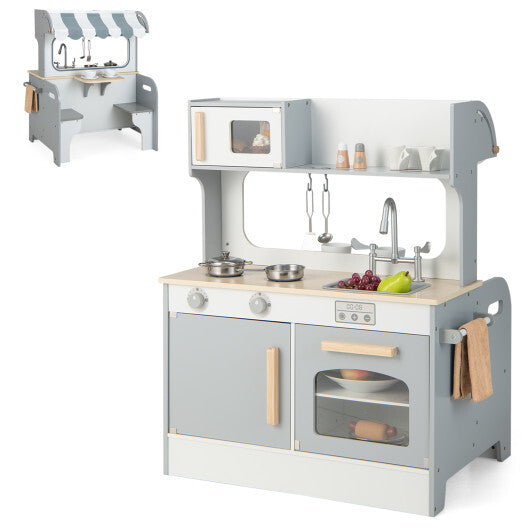 Double Sided Kids Pretend Kitchen Playset with 2-Seat Cafe-Gray LuxuryLifeWay Online Store