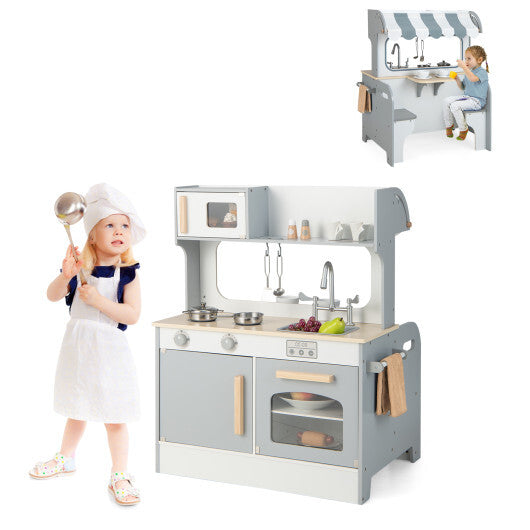 Double Sided Kids Pretend Kitchen Playset with 2-Seat Cafe-Gray LuxuryLifeWay Online Store