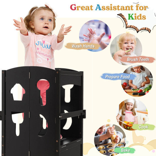 Folding Wooden Step Stool with Lockable Safety Rail for Toddler 3+-White