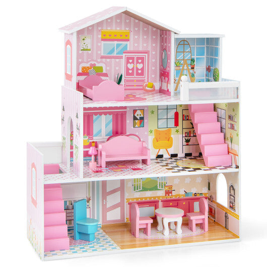 Kids Wooden Dollhouse Playset with 5 Simulated Rooms and 10 Pieces of Furniture-Pink LuxuryLifeWay Online Store