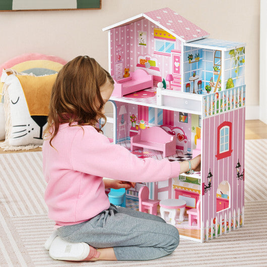 Kids Wooden Dollhouse Playset with 5 Simulated Rooms and 10 Pieces of Furniture-Pink LuxuryLifeWay Online Store