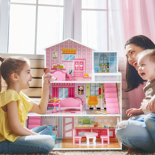 Kids Wooden Dollhouse Playset with 5 Simulated Rooms and 10 Pieces of Furniture-Pink LuxuryLifeWay Online Store