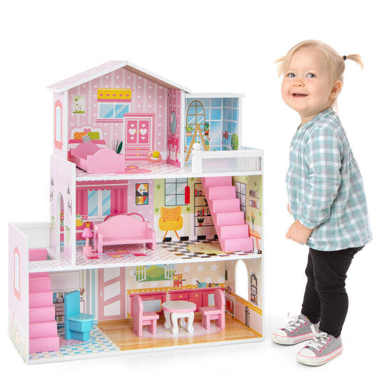 Kids Wooden Dollhouse Playset with 5 Simulated Rooms and 10 Pieces of Furniture-Pink LuxuryLifeWay Online Store