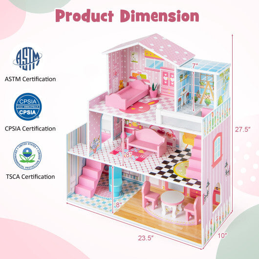 Kids Wooden Dollhouse Playset with 5 Simulated Rooms and 10 Pieces of Furniture-Pink LuxuryLifeWay Online Store