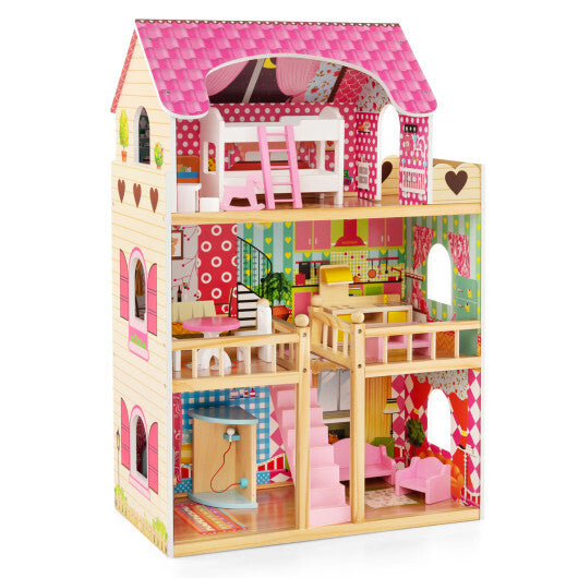 Doll House Playset with 3 Stories and 6 Simulated Rooms and 15 Pieces of Furniture-Pink LuxuryLifeWay Online Store