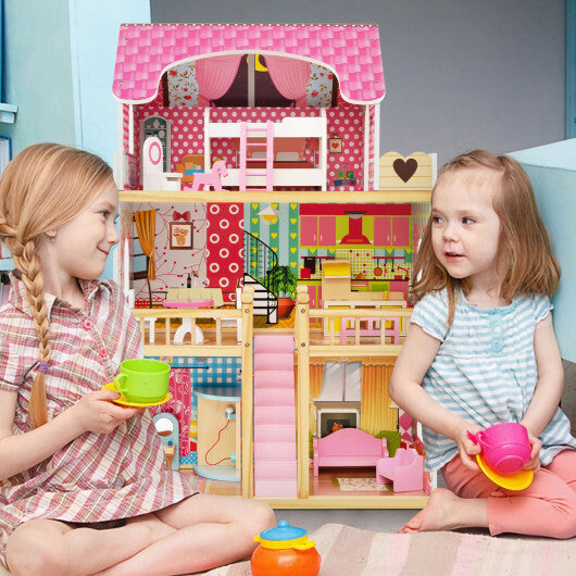Doll House Playset with 3 Stories and 6 Simulated Rooms and 15 Pieces of Furniture-Pink LuxuryLifeWay Online Store