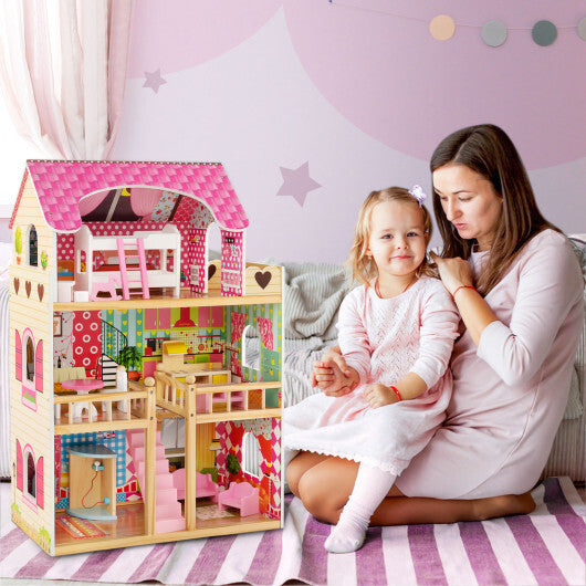 Doll House Playset with 3 Stories and 6 Simulated Rooms and 15 Pieces of Furniture-Pink LuxuryLifeWay Online Store