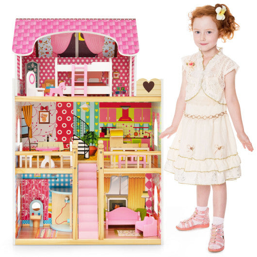Doll House Playset with 3 Stories and 6 Simulated Rooms and 15 Pieces of Furniture-Pink LuxuryLifeWay Online Store