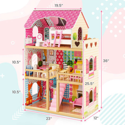 Doll House Playset with 3 Stories and 6 Simulated Rooms and 15 Pieces of Furniture-Pink LuxuryLifeWay Online Store