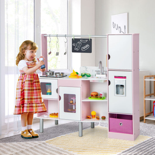 2-in-1 Double-sided Kids Kitchen and Market with Realistic Light and Sound-Pink