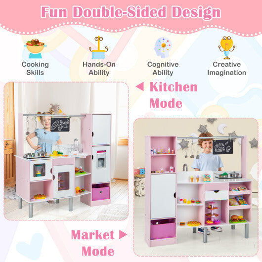 2-in-1 Double-sided Kids Kitchen and Market with Realistic Light and Sound-Pink