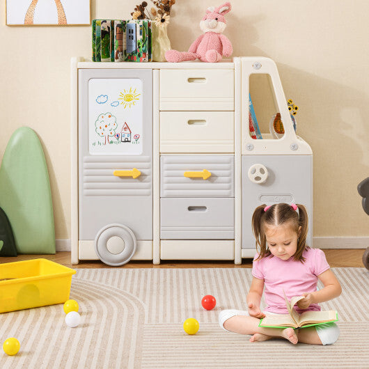 Kids Toy Storage Organizer Bus-shaped Children Cabinet with 4 Pull-out Drawers with Handles-Gray LuxuryLifeWay Online Store