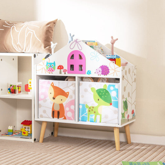 Kids House-shaped Bookshelf with 2 Storage Bins for Kids Room Playroom-White LuxuryLifeWay Online Store