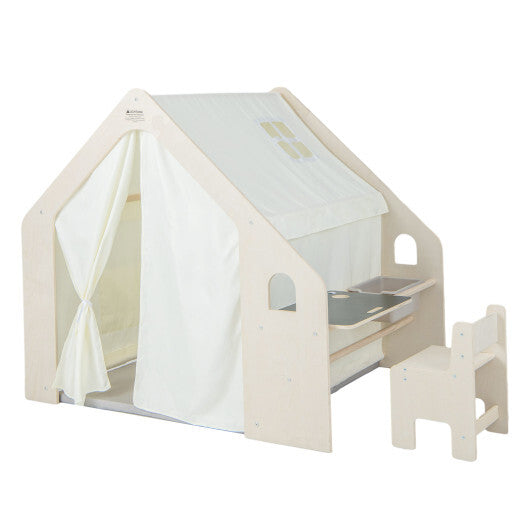Montessori Style Indoor Playhouse with Storage Bin and Floor Mat for Toddlers Aged 2-6 Years Old-Beige LuxuryLifeWay Online Store