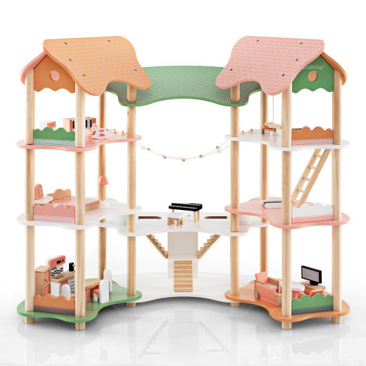 3-Tier Wooden Dollhouse for Kids Aged 3-8 Years Old with 32 Pieces of Accessories-Multicolor LuxuryLifeWay Online Store