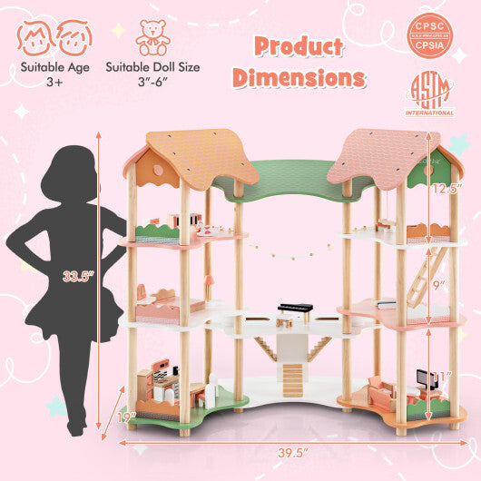 3-Tier Wooden Dollhouse for Kids Aged 3-8 Years Old with 32 Pieces of Accessories-Multicolor LuxuryLifeWay Online Store