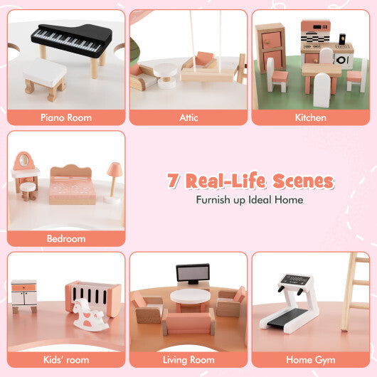 3-Tier Wooden Dollhouse for Kids Aged 3-8 Years Old with 32 Pieces of Accessories-Multicolor LuxuryLifeWay Online Store