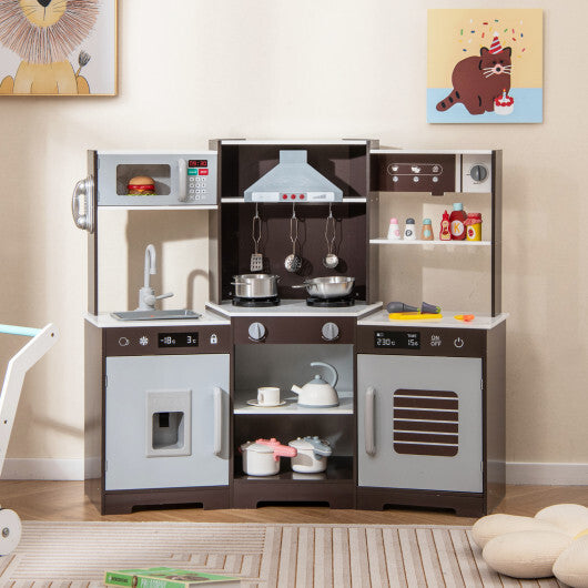Pretend Play Kitchen Wooden Toy Set with Range Hood Real Sounds and Lights-Brown LuxuryLifeWay Online Store