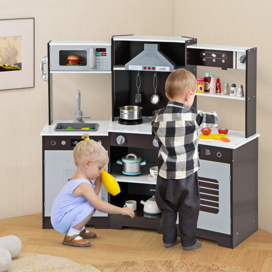 Pretend Play Kitchen Wooden Toy Set with Range Hood Real Sounds and Lights-Brown LuxuryLifeWay Online Store