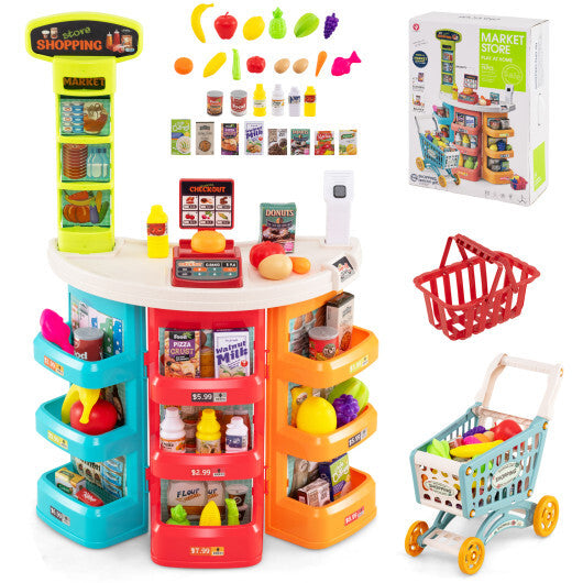 Supermarket Playset for Kids 76 PCS Pretend Play Grocery Store Set with Shopping Cart-Blue LuxuryLifeWay Online Store