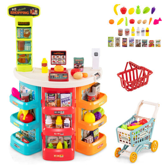 Supermarket Playset for Kids 76 PCS Pretend Play Grocery Store Set with Shopping Cart-Blue LuxuryLifeWay Online Store