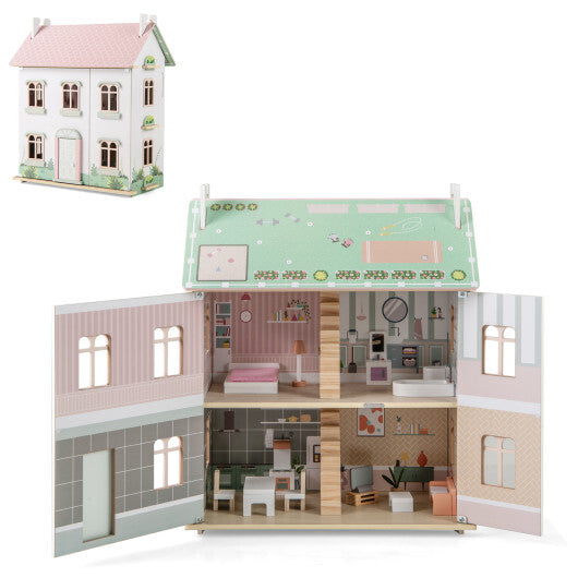 Kids Wooden Dollhouse 3 Level with Double-Sided Roofs and Doors-Pink LuxuryLifeWay Online Store