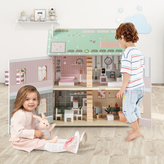 Kids Wooden Dollhouse 3 Level with Double-Sided Roofs and Doors-Pink LuxuryLifeWay Online Store
