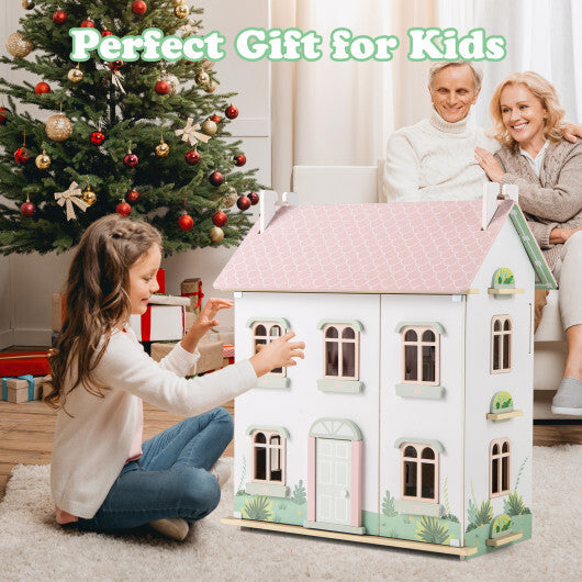 Kids Wooden Dollhouse 3 Level with Double-Sided Roofs and Doors-Pink LuxuryLifeWay Online Store