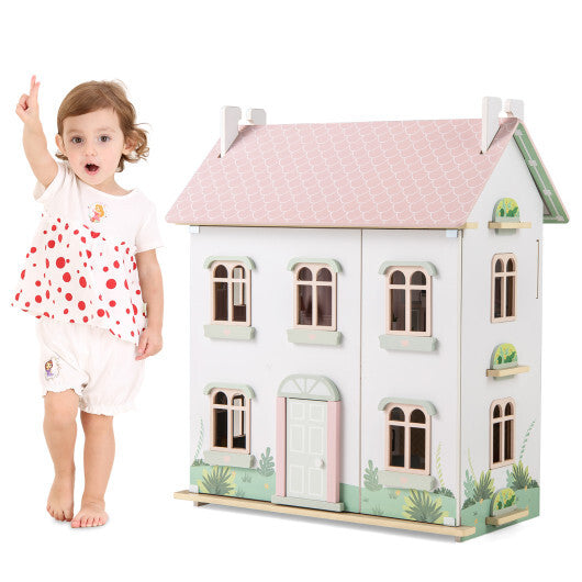 Kids Wooden Dollhouse 3 Level with Double-Sided Roofs and Doors-Pink LuxuryLifeWay Online Store