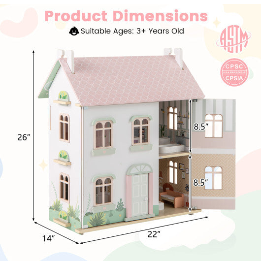 Kids Wooden Dollhouse 3 Level with Double-Sided Roofs and Doors-Pink LuxuryLifeWay Online Store