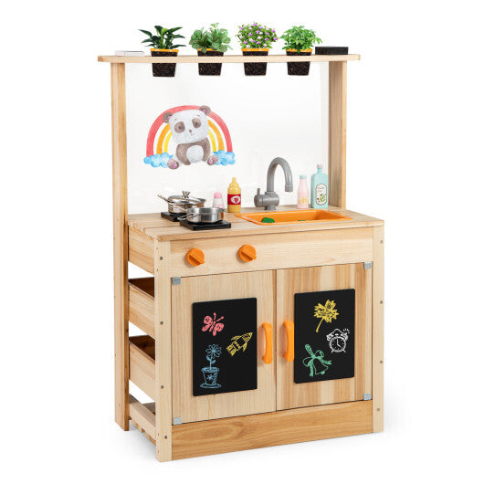 Kids Mud Kitchen Fir Wood Playset with Planting Pots and Blackboards-Natural LuxuryLifeWay Online Store