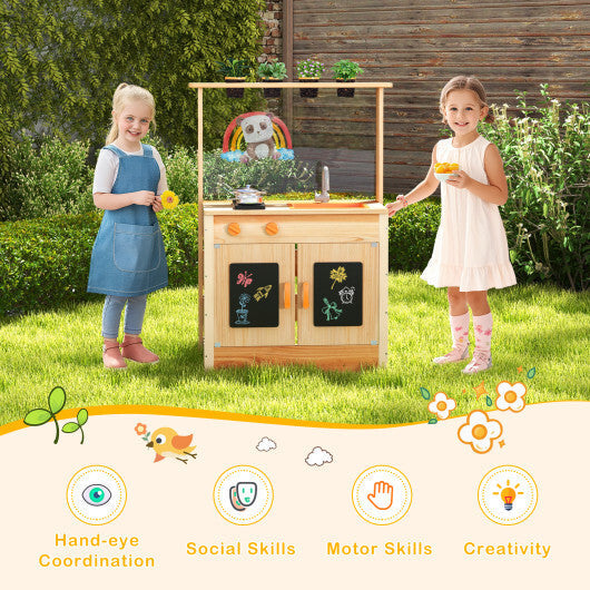 Kids Mud Kitchen Fir Wood Playset with Planting Pots and Blackboards-Natural LuxuryLifeWay Online Store