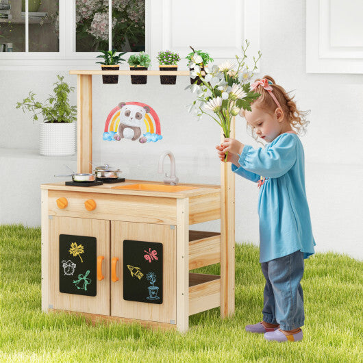 Kids Mud Kitchen Fir Wood Playset with Planting Pots and Blackboards-Natural LuxuryLifeWay Online Store