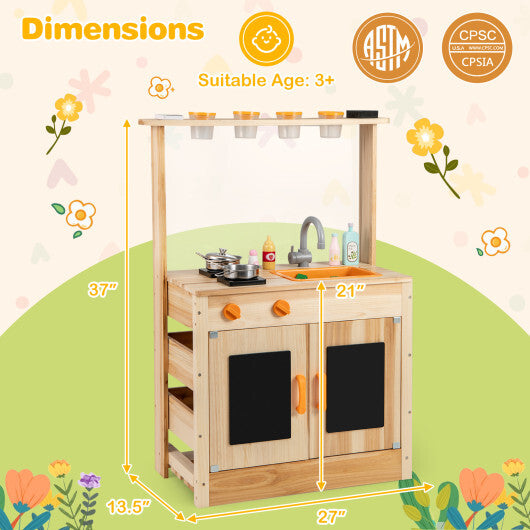 Kids Mud Kitchen Fir Wood Playset with Planting Pots and Blackboards-Natural LuxuryLifeWay Online Store
