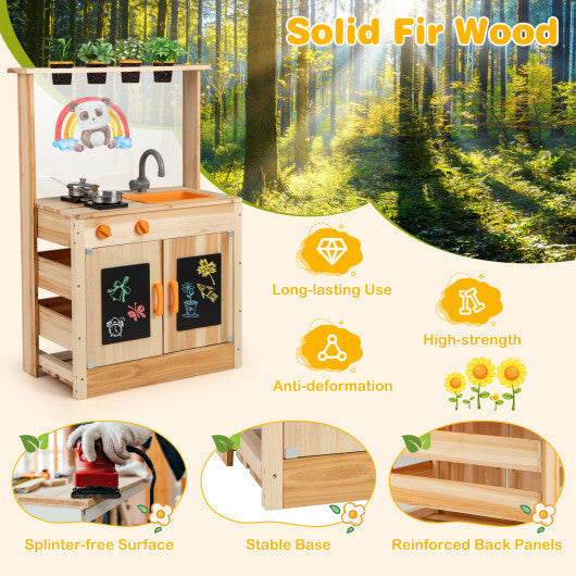 Kids Mud Kitchen Fir Wood Playset with Planting Pots and Blackboards-Natural LuxuryLifeWay Online Store