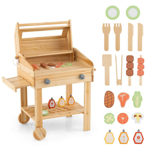 Kids Wooden Barbecue Grill Playset Pretend Kitchen with Food and Wheels-Natural LuxuryLifeWay Online Store