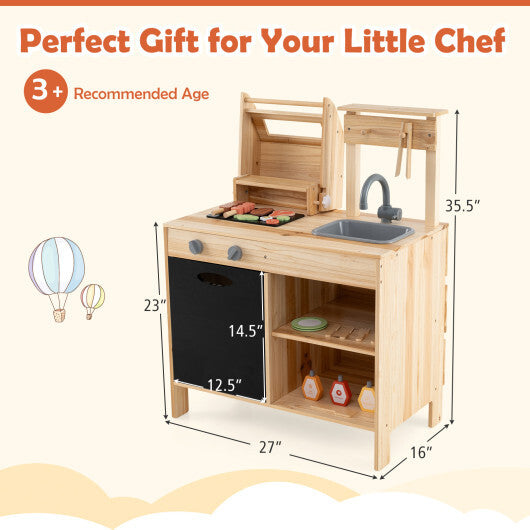 Wooden Barbecue Grill Playset with Chalkboard and Sink and Cabinet-Natural