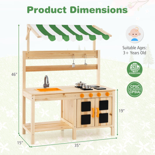 Mud Kitchen Fir Wood Play Kitchen with Canopy and Sink and 4 Stoves-Natural