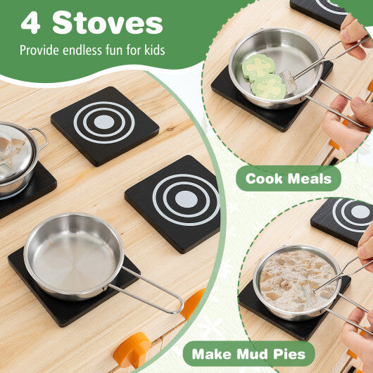 Mud Kitchen Fir Wood Play Kitchen with Canopy and Sink and 4 Stoves-Natural