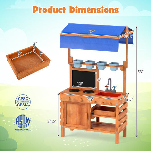 Wooden Pretend Play Kitchen with Height Adjustable Canopy for Kids-Natural