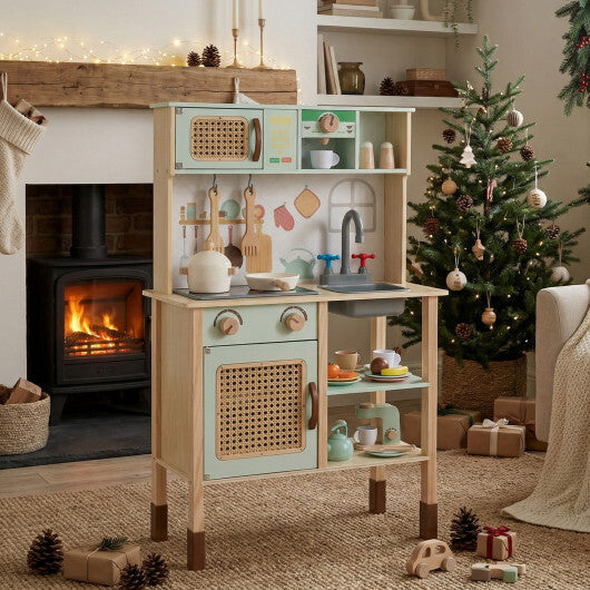 Wooden Play Kitchen for Kids with Lights and Sounds Retro Style With Accessories-Green