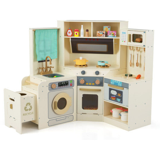 Corner Kitchen Toys with Lights and Sounds with Pull-out Trash Can and Stoves-Off White LuxuryLifeWay Online Store