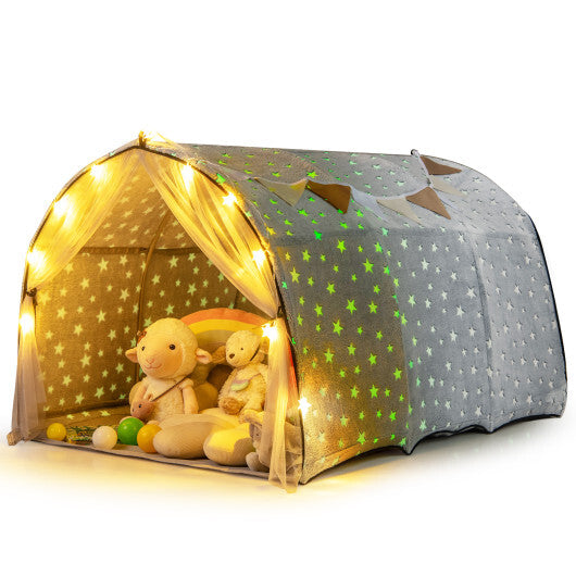 Kids Dream Bed Tent Twin Bunk Bed with Glow in the Dark Stars and Lights-Gray LuxuryLifeWay Online Store