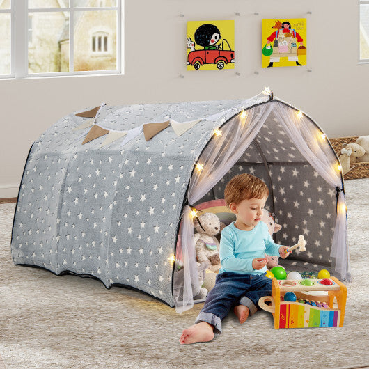 Kids Dream Bed Tent Twin Bunk Bed with Glow in the Dark Stars and Lights-Gray LuxuryLifeWay Online Store