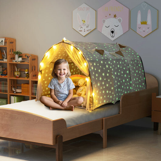 Kids Dream Bed Tent Twin Bunk Bed with Glow in the Dark Stars and Lights-Gray LuxuryLifeWay Online Store