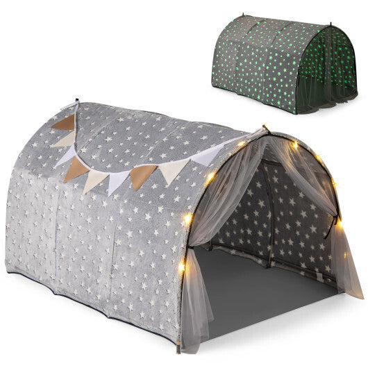 Kids Dream Bed Tent Twin Bunk Bed with Glow in the Dark Stars and Lights-Gray LuxuryLifeWay Online Store