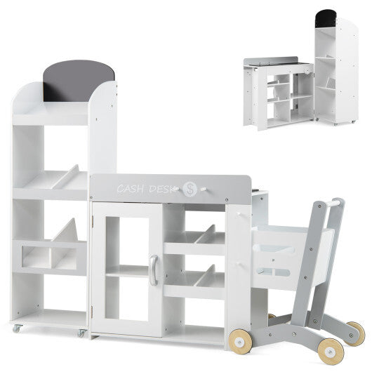 Kids Grocery Store Playset Convertible Wooden Play Store with Shopping Cart-White LuxuryLifeWay Online Store