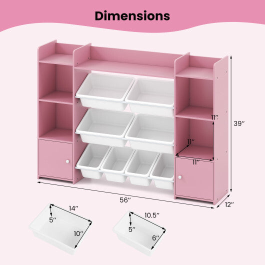 56 inch Large Toy Storage Organizer with 8 Removable Bins and Bookshelf-Pink LuxuryLifeWay Online Store